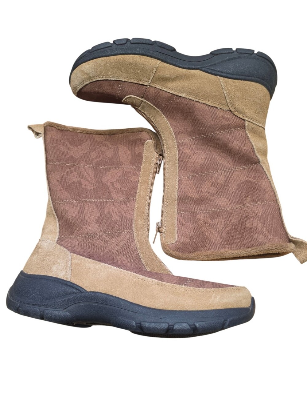 Lands End Womens Brown Suede Canvas All Weather Boots 8.5 Mid Calf Front Zip